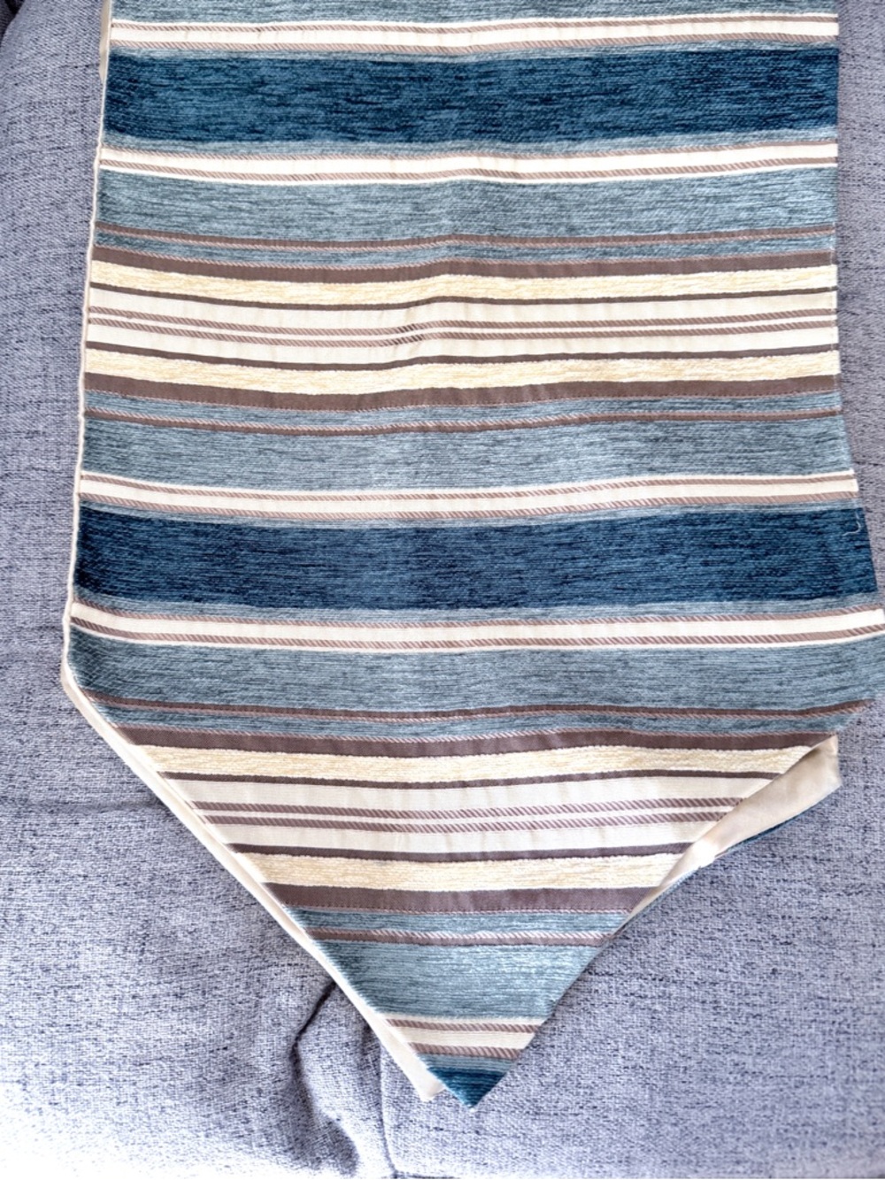 Table Runner Striped Satin Seascape Coastal Blues Cream Pointed 70" X 13 Dining